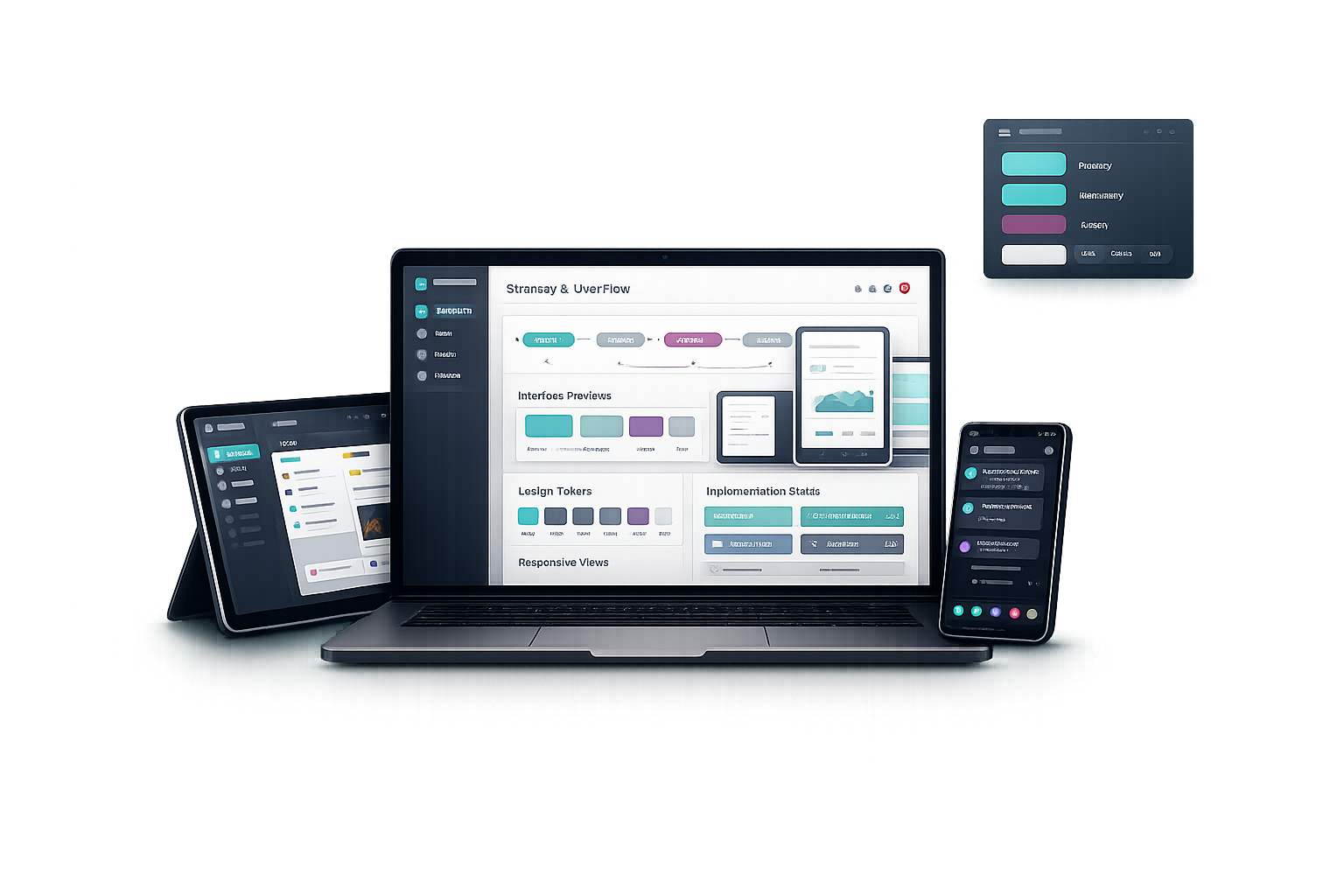 Responsive product interface shown across desktop, tablet, and mobile devices