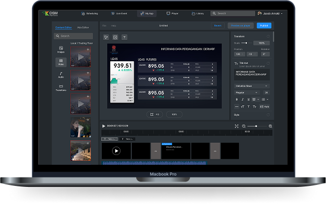 Content operations editor with media library, composition canvas, timeline, and playback controls
