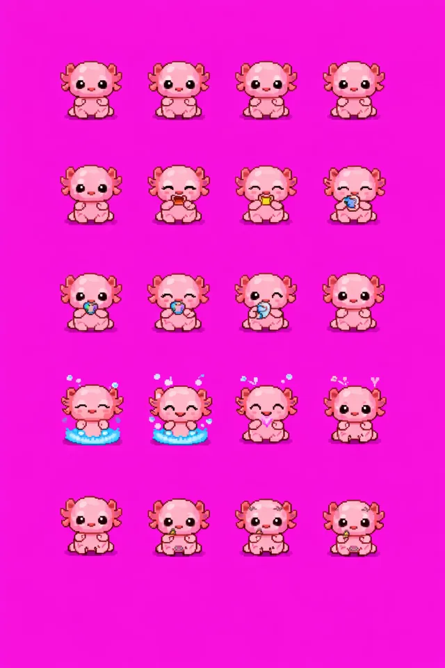 Pixel-art axolotl character expressions from the Kanagotchi prototype